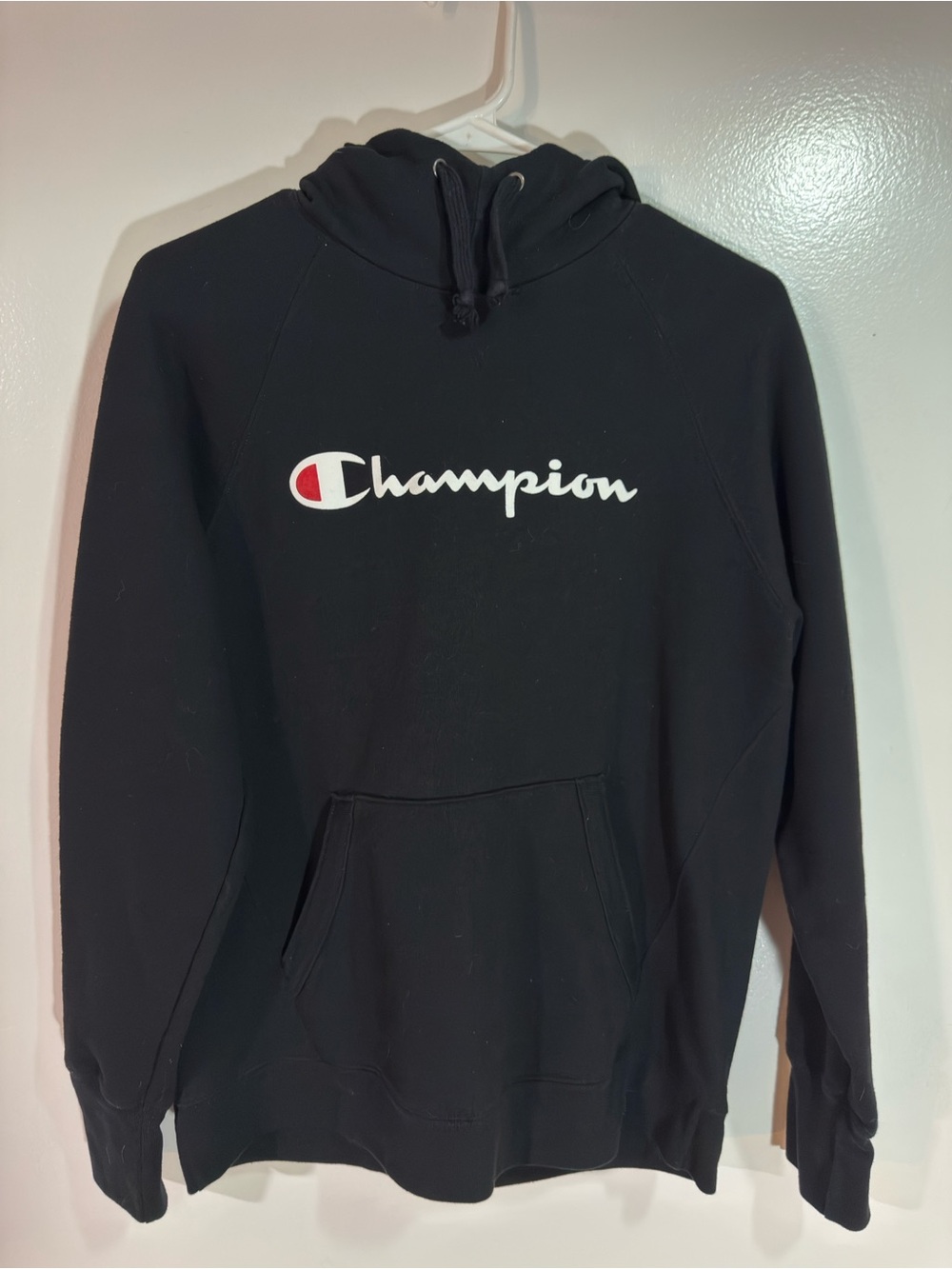 Champion Black Crewneck Hoodie with White Script Logo and Red Emblem